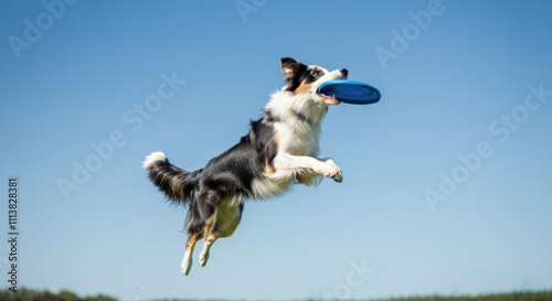 Border collie leaping in mid-air with blue frisbee against clear sky
