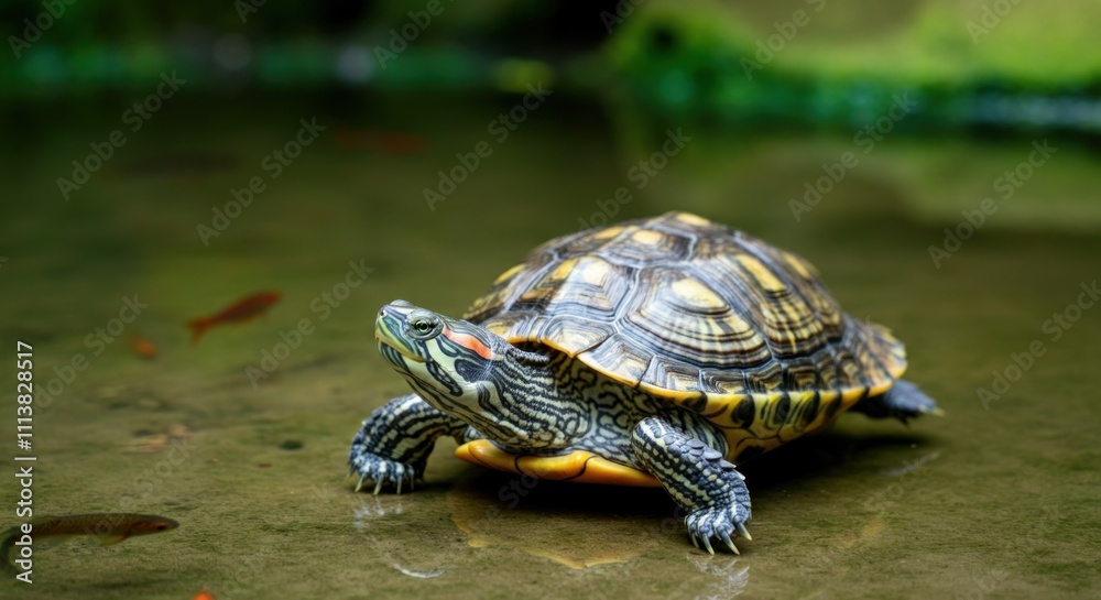 Fototapeta premium Detailed close-up of red-eared slider turtle in natural habitat with shallow water and fish