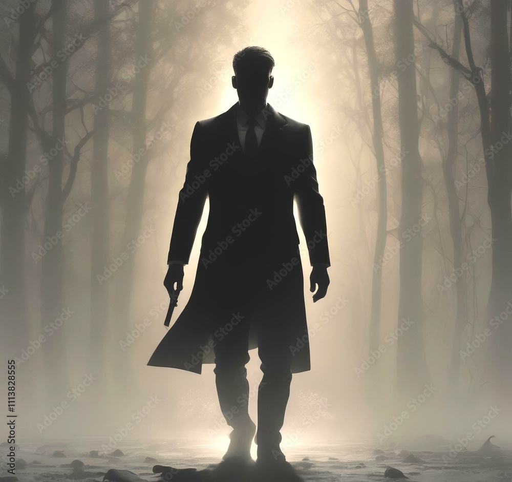 Illustration of man in suit silhouette with dramtaic background. Illustration of man in suit silhouette with dramtaic background.
