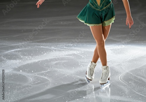 Female figure skater gliding on ice rink in green costume