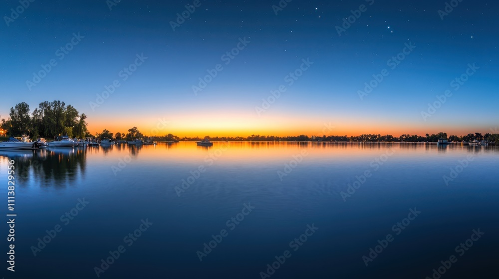 Panoramic view of a tranquil lake at twilight with a golden sunset, calm water, and distant trees under a clear blue sky. Panoramic view of a tranquil lake at twilight with a golden sunset, calm water, and distant trees under a clear blue sky.