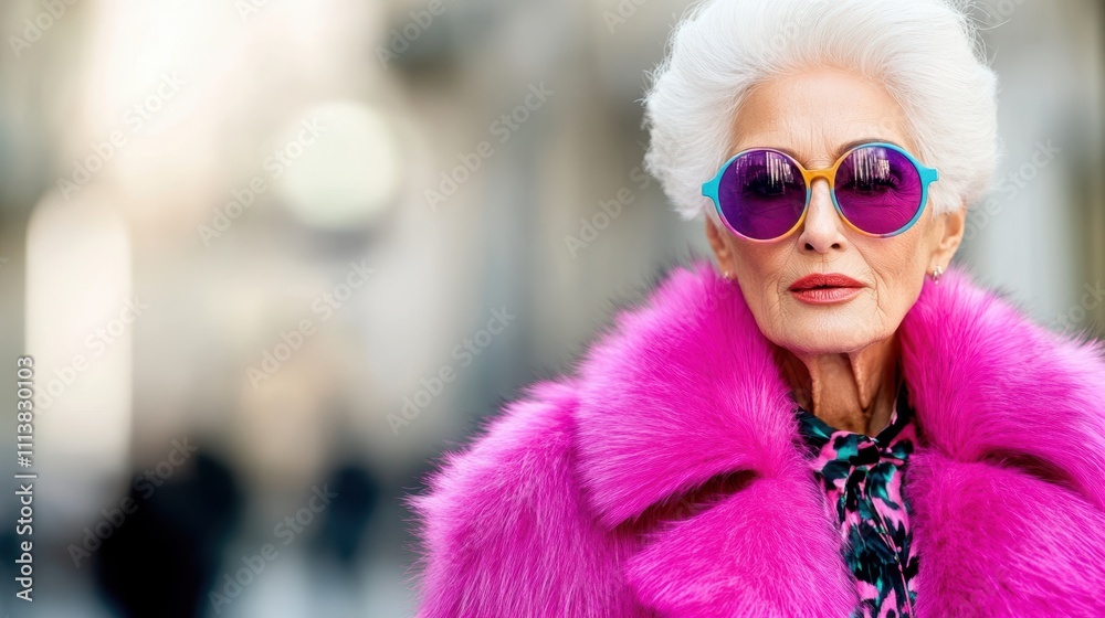 An older woman with white hair, oversized pink sunglasses, and a vibrant pink fur coat smiles outdoors. Concept: bold, stylish.