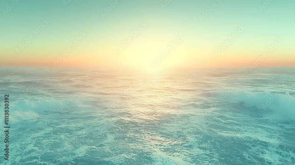 Naklejka premium A tranquil ocean scene at sunrise, showcasing gentle waves reflecting the soft pastel colors of the sky, creating a serene and peaceful atmosphere.