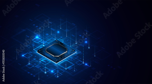 Microchip processor circuit board technology on dark blue background. Information Processing Concept. Circuit board hi-tech technology background. vector illustration	