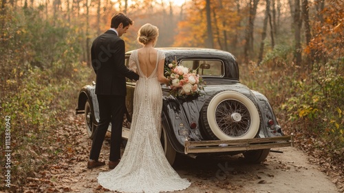 A European couple stands beside a vintage car in a forest during autumn. The woman wears a stunning white wedding dress, holding a bouquet. photo