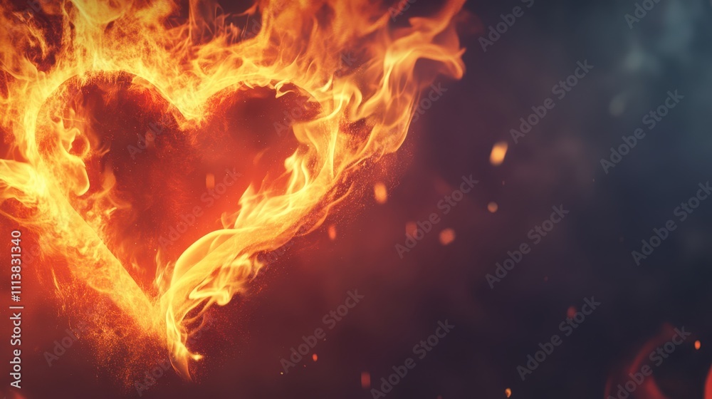 Heart-shaped fiery flames glowing vividly on a dark blue background, symbolizing passion, love, and intensity. Heart-shaped fiery flames glowing vividly on a dark blue background, symbolizing passion, love, and intensity.