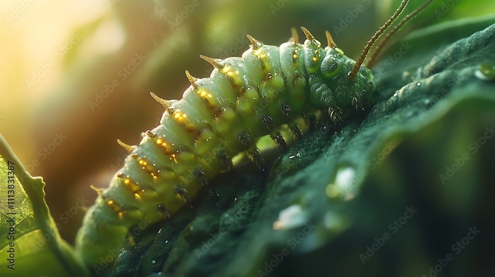 Naklejka premium Green Caterpillar Crawls on Leaf In Sunlight