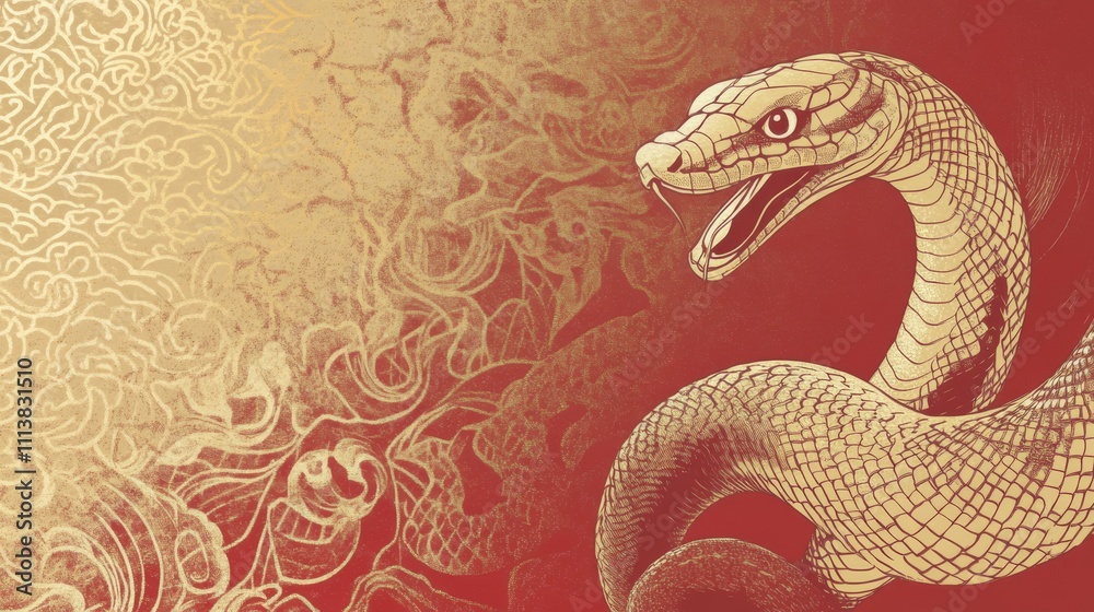 The Year of the Snake, A snake with its mouth open is on a red background The Year of the Snake, A snake with its mouth open is on a red background