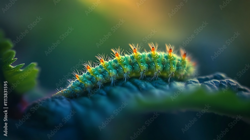 Vibrant Green Caterpillar Crawling on Leaf Vibrant Green Caterpillar Crawling on Leaf
