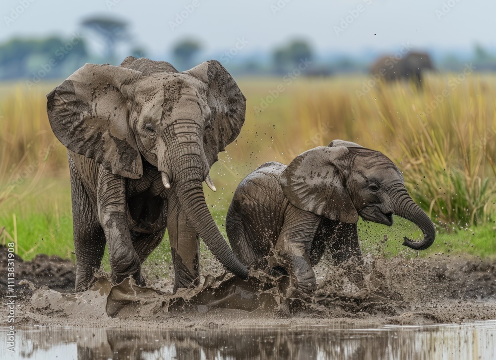 Obraz premium Playful Elephant Calves Splashing in Mud