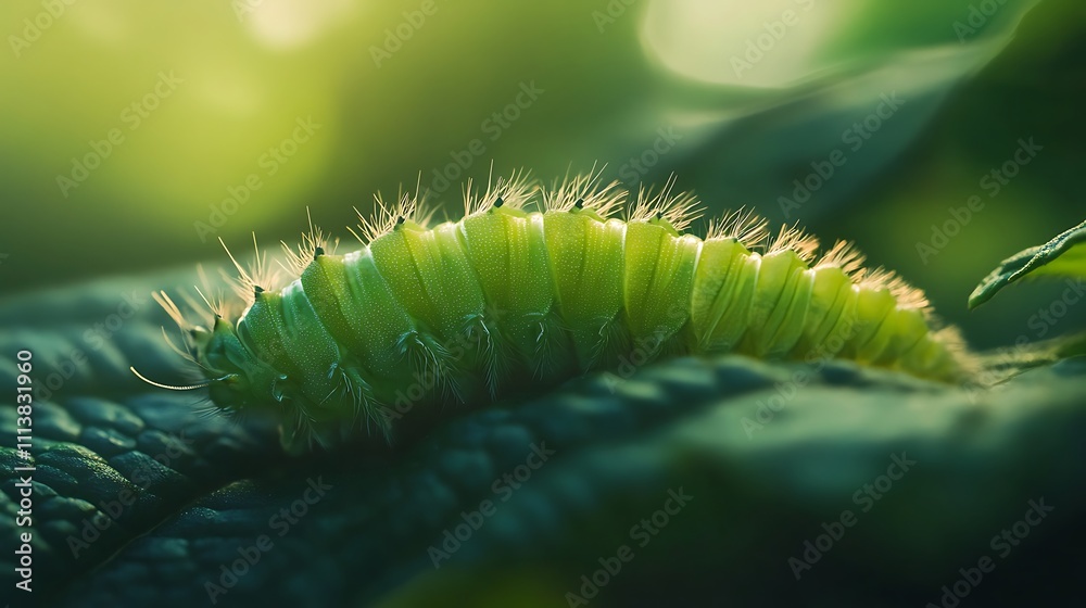 Green Caterpillar Resting On A Leaf In Sunlight Green Caterpillar Resting On A Leaf In Sunlight