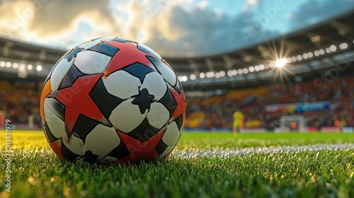 Vibrant Soccer Scene in Stadium with German Flag Colors, Excitement of Football Match, Soccer Ball, Sunny Field, Detailed Crowd photo