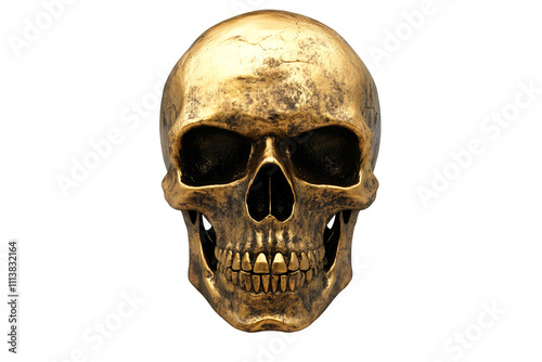 a gold skull with teeth