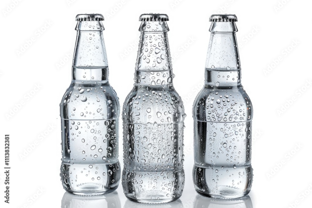 Three views of a Six Pack of Clear Beer Bottles isolated over white with reflection. Three views of a Six Pack of Clear Beer Bottles isolated over white with reflection.
