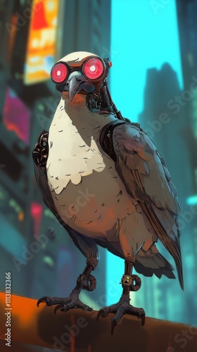 Biomechanical robot pigeon in cartoon style
