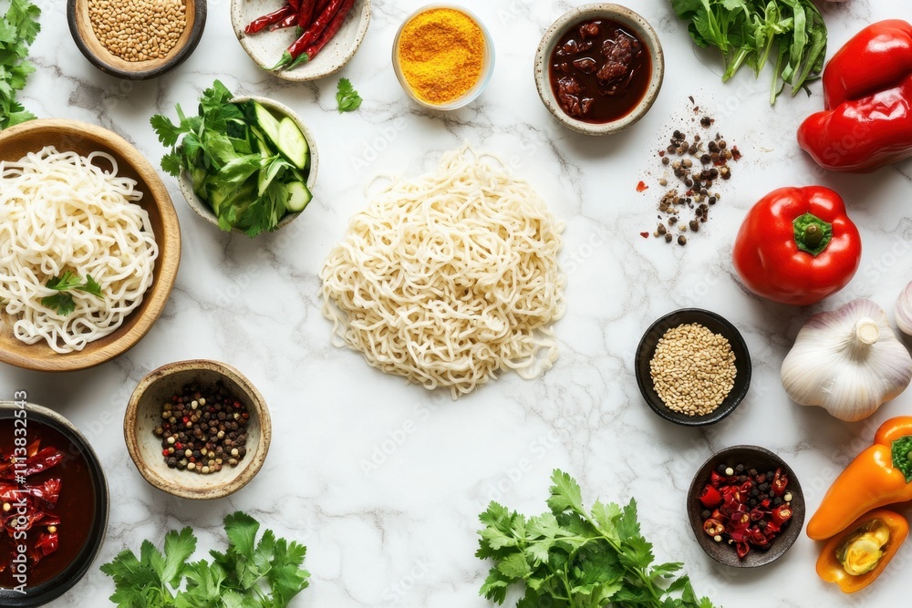 Artistic arrangement of instant noodle ingredients in a culinary setup creative kitchen food photography vibrant color palette top-down view culinary inspiration for noodle dishes Artistic arrangement of instant noodle ingredients in a culinary setup creative kitchen food photography vibrant color palette top-down view culinary inspiration for noodle dishes