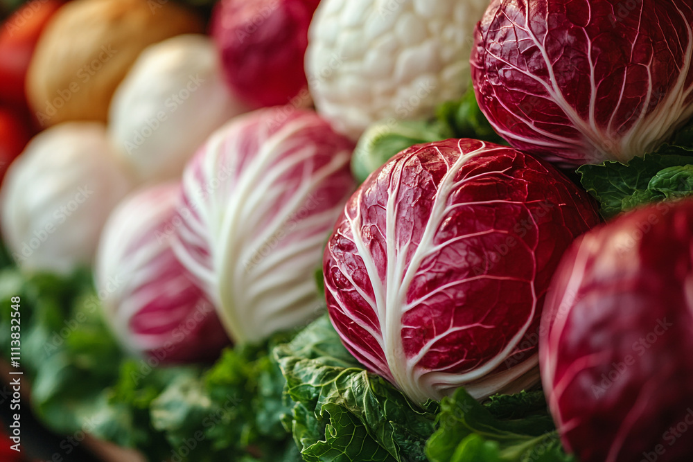 Obraz premium Radicchio and cauliflower heads arranged in rows