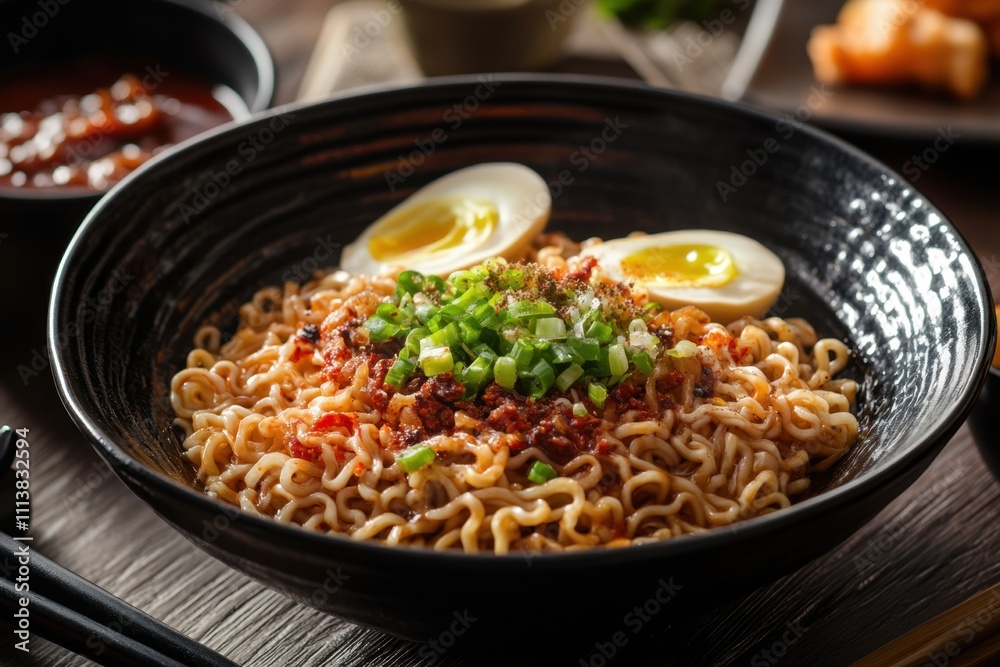 Gourmet instant noodle experience elegant restaurant setting high-quality food photography cozy atmosphere close-up viewpoint culinary artistry in focus Gourmet instant noodle experience elegant restaurant setting high-quality food photography cozy atmosphere close-up viewpoint culinary artistry in focus