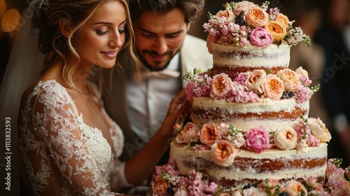 A European couple stands beside a beautiful wedding cake, adorned with flowers, radiating joy and love in a cozy setting. photo