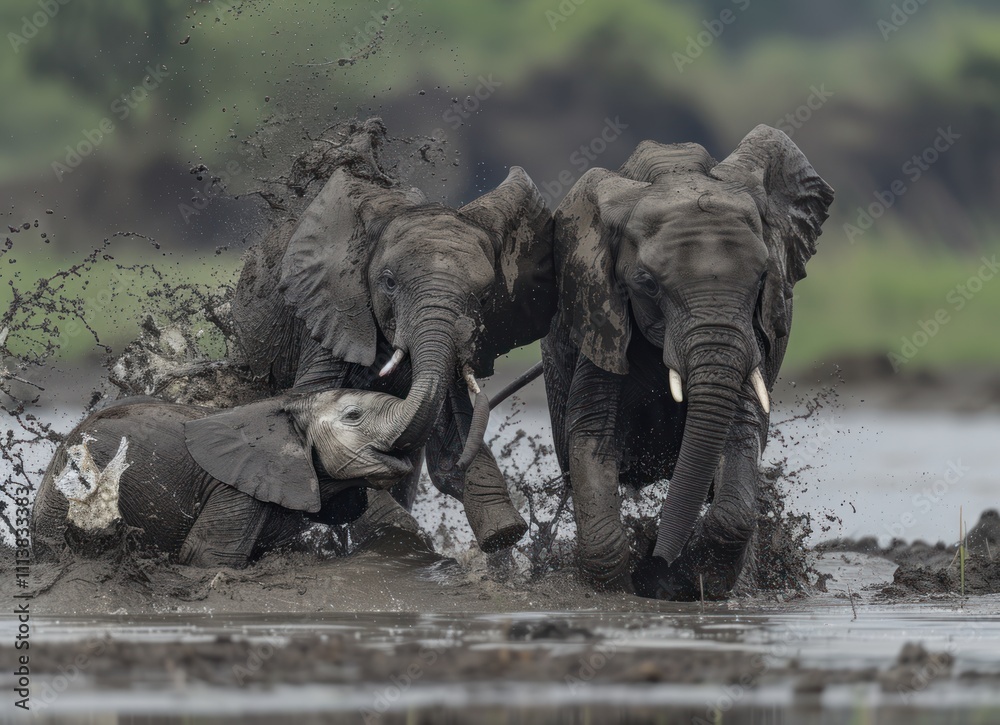 Fototapeta premium African Elephants Splashing in Mud