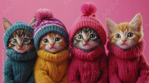 portrait of  cute lovely kittens  in warm clothes  and winter hats on the bright pink background
