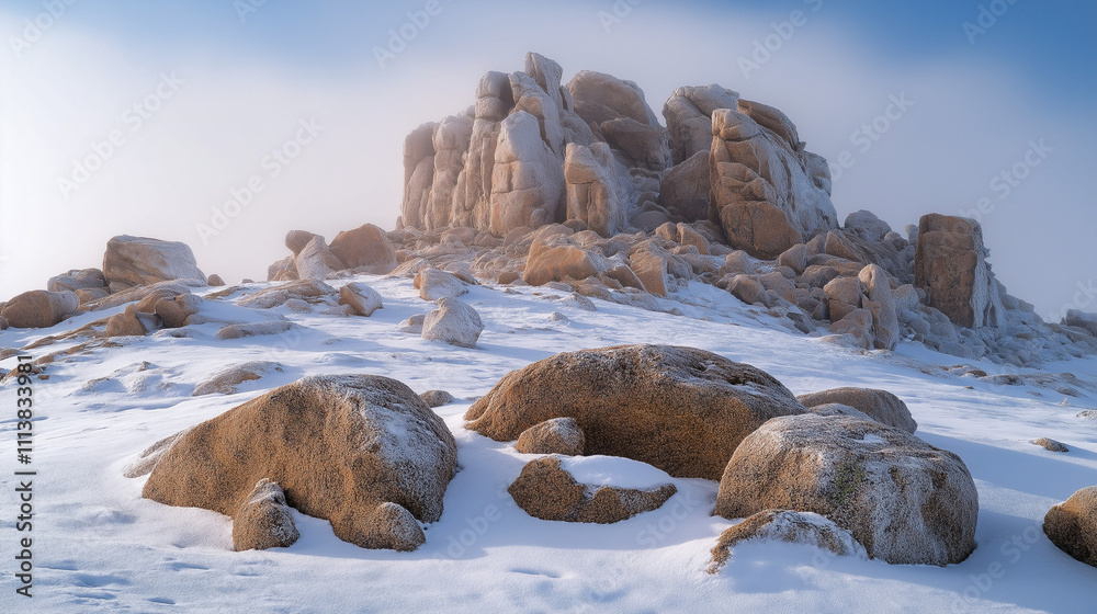 Fototapeta premium Golden Morning Light Over a Snowy mountaintop Landscape with Rocks and corals