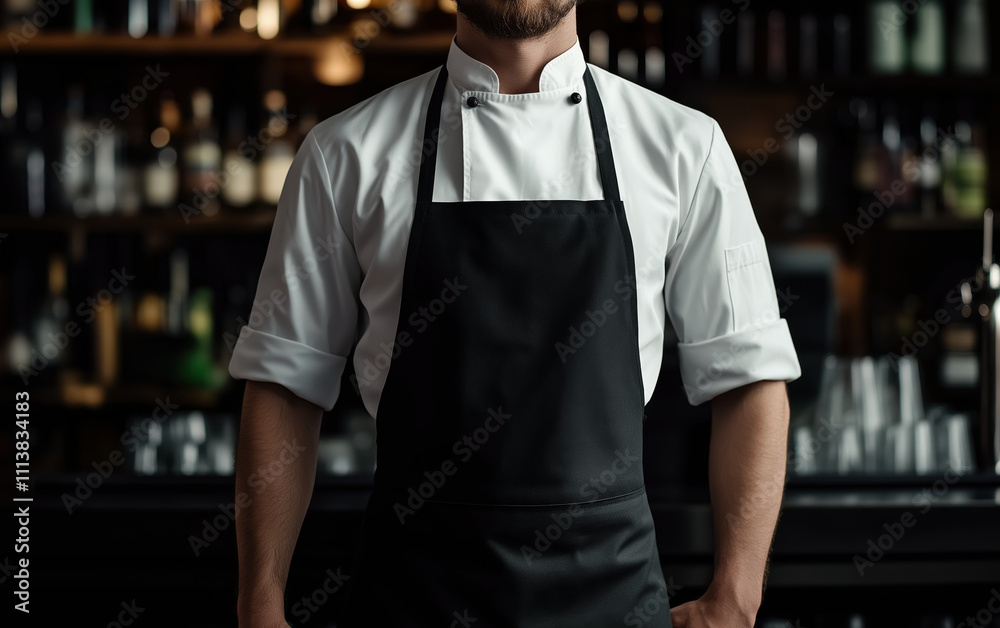 Chef kitchen apron. Chef cook in uniform, kitchen apron, protective apparel, culinary environment, food service setting, chef in kitchen interior, apron mock-up. Realistic style photo. Chef kitchen apron. Chef cook in uniform, kitchen apron, protective apparel, culinary environment, food service setting, chef in kitchen interior, apron mock-up. Realistic style photo.