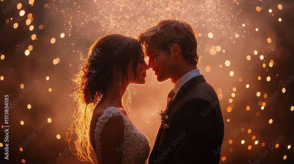 A beautiful couple, possibly of European descent, share a tender moment outdoors surrounded by sparkling lights at sunset. Their love shines bright. A beautiful couple, possibly of European descent, share a tender moment outdoors surrounded by sparkling lights at sunset. Their love shines bright.