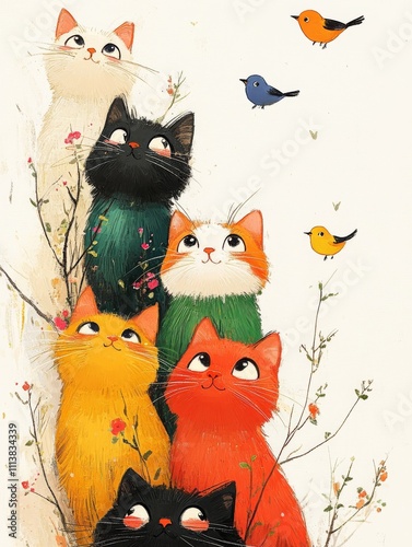 Seven cats, stacked on top of each other, looking up, little birds, childish and warm, Style cartoon