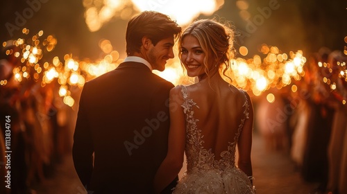 A couple celebrates their wedding with sparkler send-off surrounded by guests. The scene captures joy and elegance in a beautiful outdoor setting.