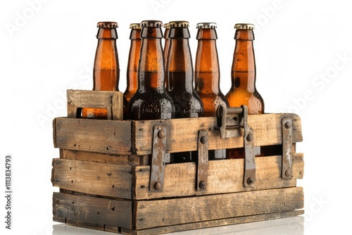 Antique wooden beer carrier with swing top bottles on white.