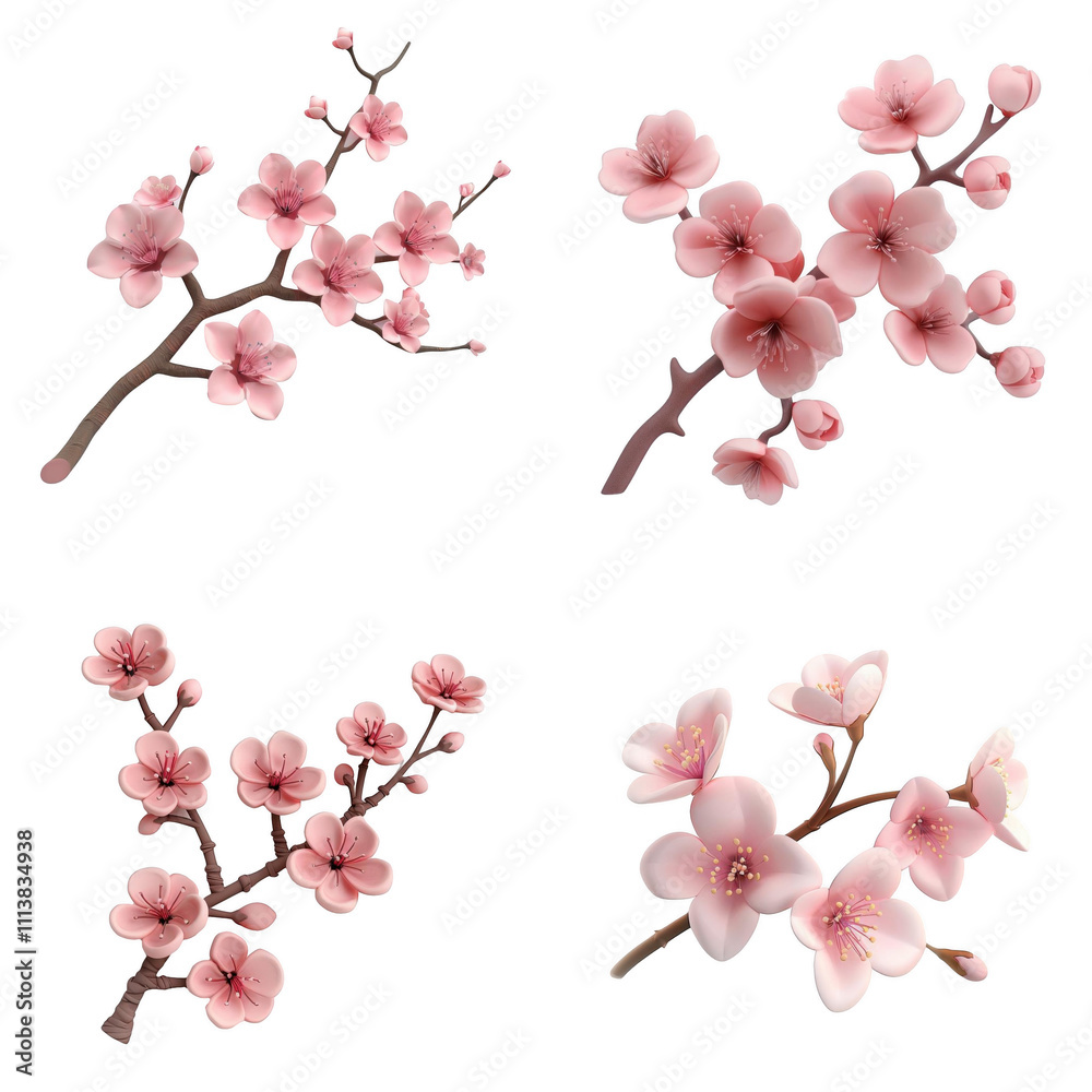 3d render blooming cherry blossom branch isolated on transparent background Cartoon Illustration in plastic style 3d render blooming cherry blossom branch isolated on transparent background Cartoon Illustration in plastic style
