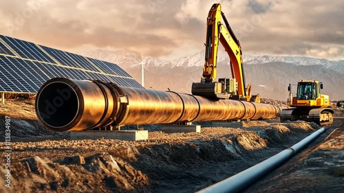 A construction crew assembling a natural gas pipeline in a remote area, surrounded by green energy technologies like solar panels and wind turbines