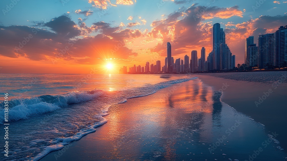Fototapeta premium Vibrant sunset over ocean city skyline reflected in wet sand.