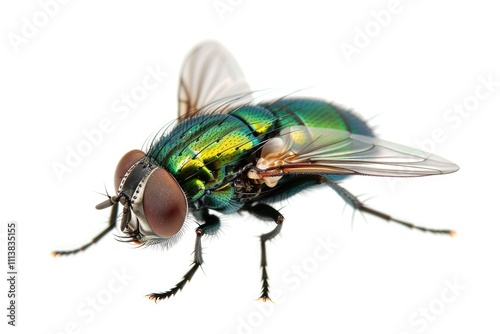Diagonal view of glittering Green Bottle Fly isolated on white background