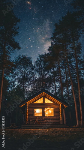 Small, cozy cabin in a forest under a clear night sky, with stars shining brightly and a gentle glow from inside the cabin Valentine's day vertical social media concept, photo footage stories reels