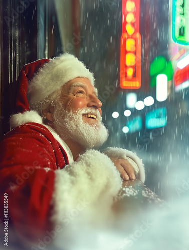 A close-up of Santa Claus, ...