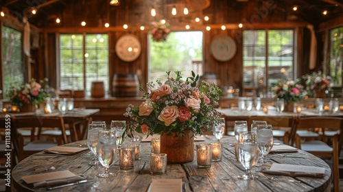 The image showcases a beautifully decorated dining area with wooden tables, elegant table settings, and flowers, creating a warm and inviting atmosphere. photo