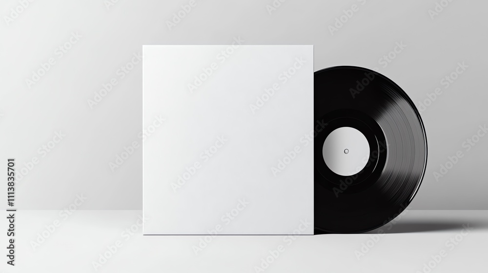 A vinyl record mock up, plain, blank, white sleeve on a white backdrop
