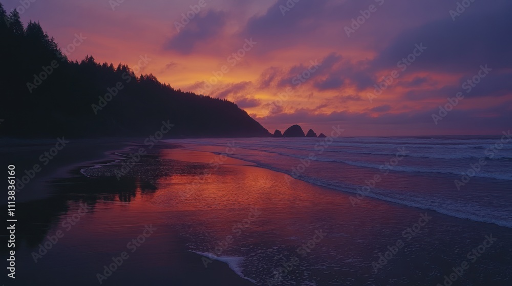 Fototapeta premium Coastal Sunset Silhouette Trees Ocean Beach Sky