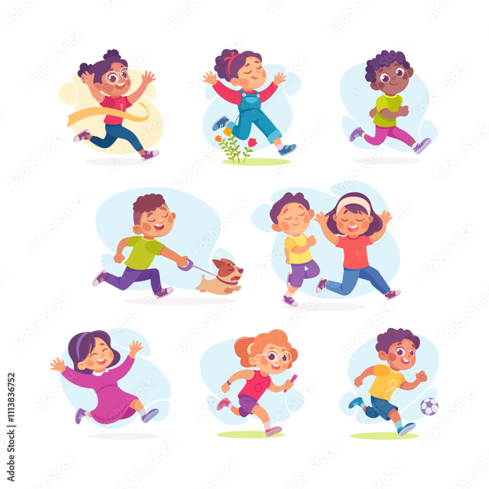 Happy Boy and Girl Character Run Outdoor Vector Illustration Set Happy Boy and Girl Character Run Outdoor Vector Illustration Set