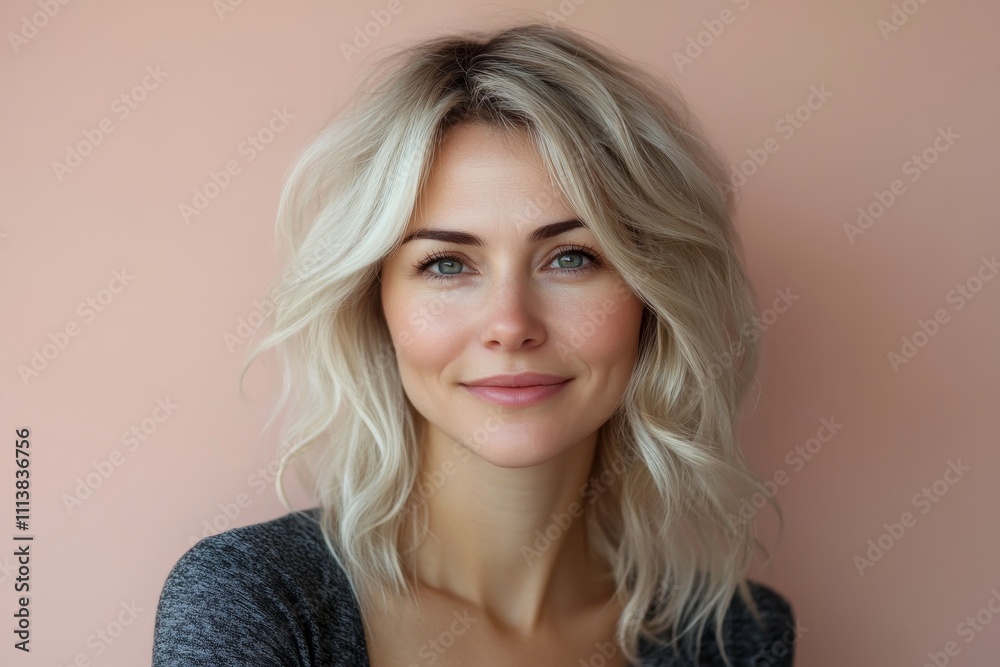 Fototapeta premium portrait of russian softly smiling young woman 35 years old with blond hair on beige pink color background