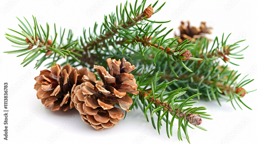 Pine Tree Branch and Cones: A pine tree branch with cones isolated on a white background. Pine Tree Branch and Cones: A pine tree branch with cones isolated on a white background.