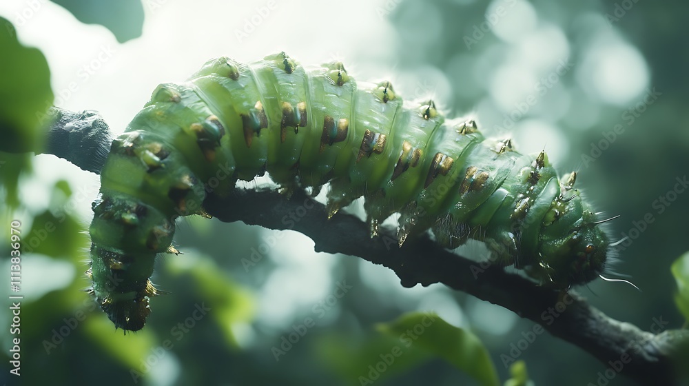 Naklejka premium Green Polyphemus Moth Caterpillar on Branch
