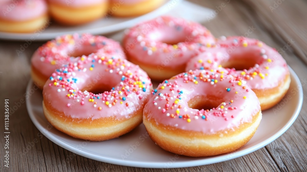 Plate of yummy vanilla cake donuts with pink icing and sprinkles Plate of yummy vanilla cake donuts with pink icing and sprinkles
