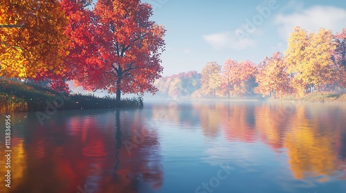 Colorful foliage tree reflections in calm pond water