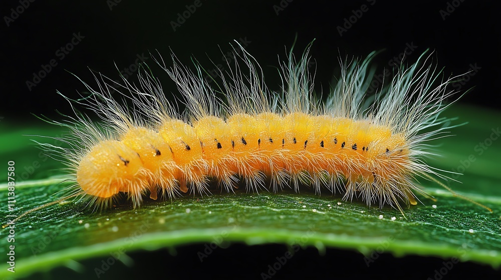 Fototapeta premium Fluffy Yellow Caterpillar Crawling on Green Leaf