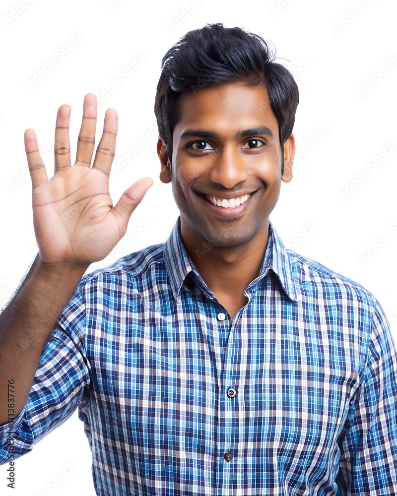 Smiling Indian man waving hand in casual greeting. Friendly Indian male making cheerful hand gesture for communication, social connection, and positive interaction.
Smiling Indian man waving hand in casual greeting. Friendly Indian male making cheerful hand gesture for communication, social connection, and positive interaction.
