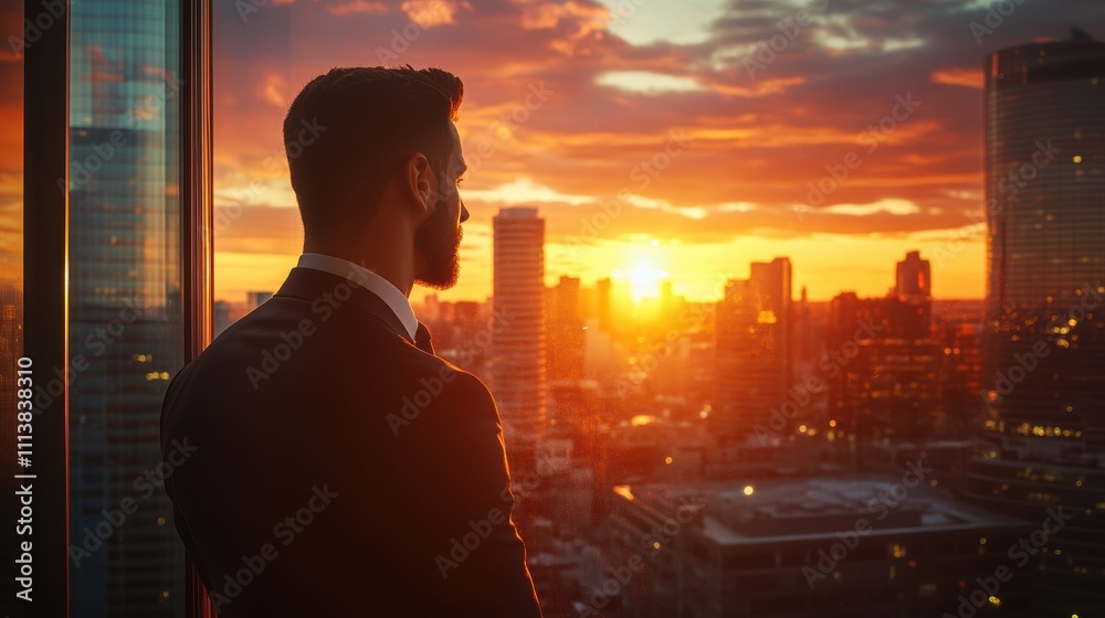 Fototapeta premium Businessman Gazing at Sunset Over City Skyline From Office Window