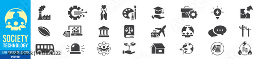 society icon set. technology education healthcare agriculture energy transportation speech justice art editable stroke line vector icons collection illustration